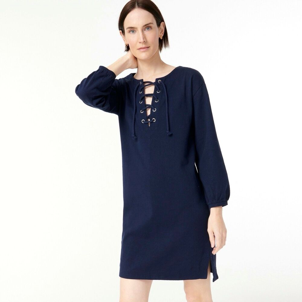 J. Crew Lace-Up Balloon-Sleeve Dress Navy Blue Women Size S (A4)